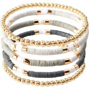 Surfer Heishi Clay Bead Bracelets for Women Bohemian Stackable Gold Black & Grey